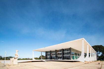 Edifício do Supremo Tribunal Federal, em Brasília, visto sob céu azul.